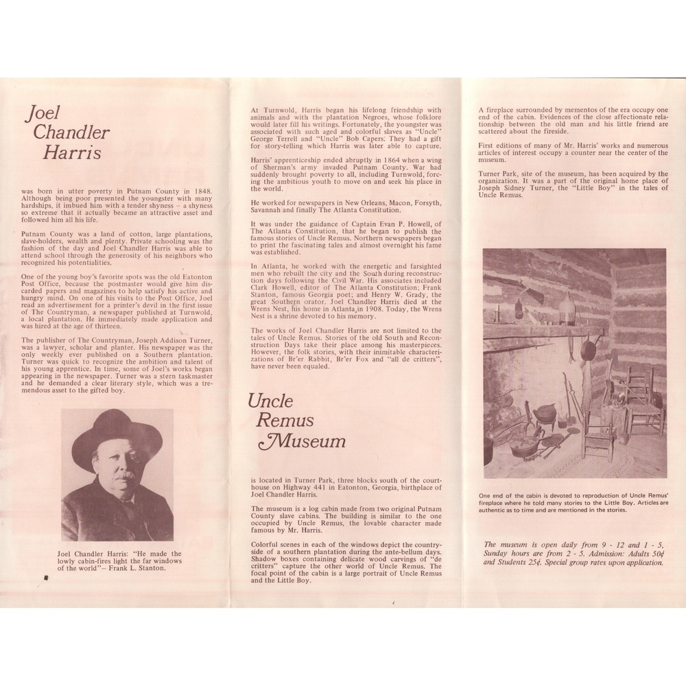 Vintage Uncle Remus Museum Brochure Eatonton Georgia Joel Chandler Harris VG - Picture 3 of 3